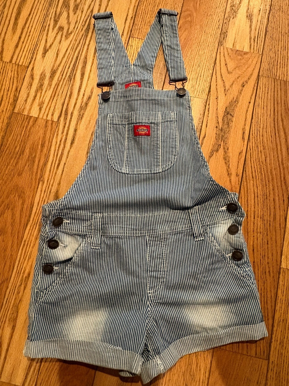 Dickies Girls Hickory Stripe Denim Overall Shorts, Size Medium